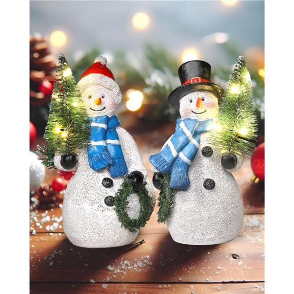 Duo 5'' Resin Snowman Figurines with Lighted Christmas Tree Wreath - Christmas - Picture 1 of 7
